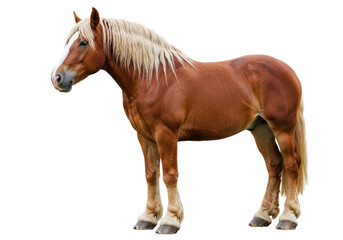 Fototapeta premium Isolated Chestnut Draft Horse with Blonde Mane in Full Body Side View Portrait Stable