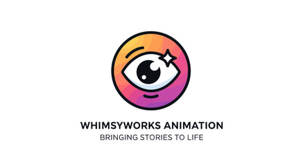 Whimsyworks Animation Logo - Vibrant Eye with Sparkle in Gradient Circle.