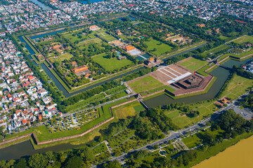 Aerial view of Hue Citadel and view of Hue city, Vietnam. Imperial Royal Palace of Nguyen dynasty.