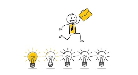 Fototapeta premium Stickman businessman with briefcase running above row of lightbulbs, one illuminated, representing new ideas and success.