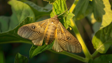Moth resting on green leaf