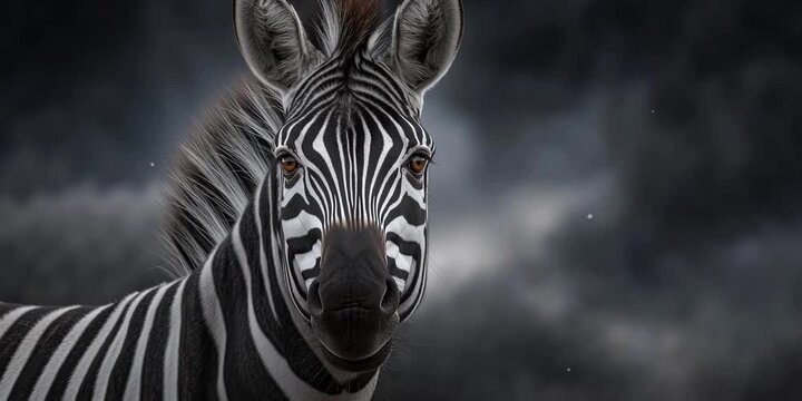 Zebra Amidst Dramatic Skies: A captivating portrait of a zebra against a backdrop of brooding storm clouds.