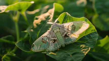 Moth resting on green leaf