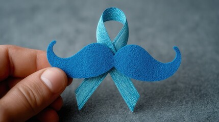 Hand holding a blue mustache and ribbon symbol on a neutral background, representing movember, men’s health, prostate cancer awareness and support