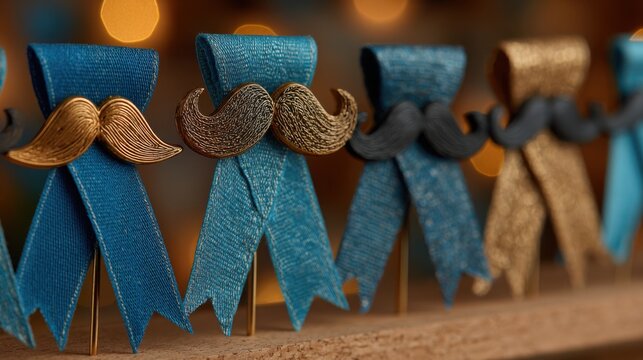 A row of blue and gold ribbons decorated with metallic mustache pins, festive bokeh background, symbolizing movember, awareness and support for men’s health

