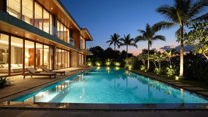 Luxury modern villa with a swimming pool at night. Exterior of a contemporary house in a tropical resort at dusk. Real estate and exclusive travel lifestyle