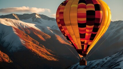 Obraz premium A vibrant hot air balloon ascends into the sky, offering breathtaking views of colorful autumn foliage and majestic mountains during sunrise. The scene captures nature's beauty and tranquility.