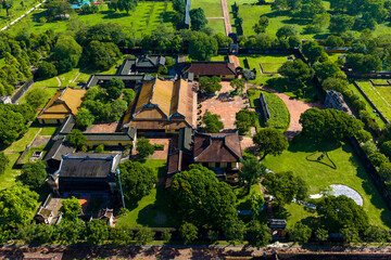 Aerial view of Hue Citadel and view of Hue city, Vietnam. Imperial Royal Palace of Nguyen dynasty.