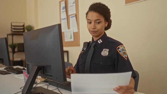 Hispanic woman police officer in uniform analyzes documents at her desk in a modern station office, focused on the computer screen with a lively bulletin board behind.