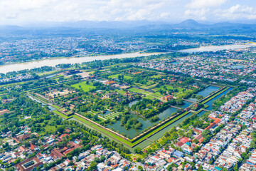 Aerial view of Hue Citadel and view of Hue city, Vietnam. Imperial Royal Palace of Nguyen dynasty.