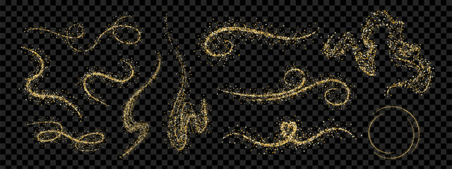Sparkling gold dust design element set. Decorative glitter trails for elegant designs and celebrations. © MandarinkaArt