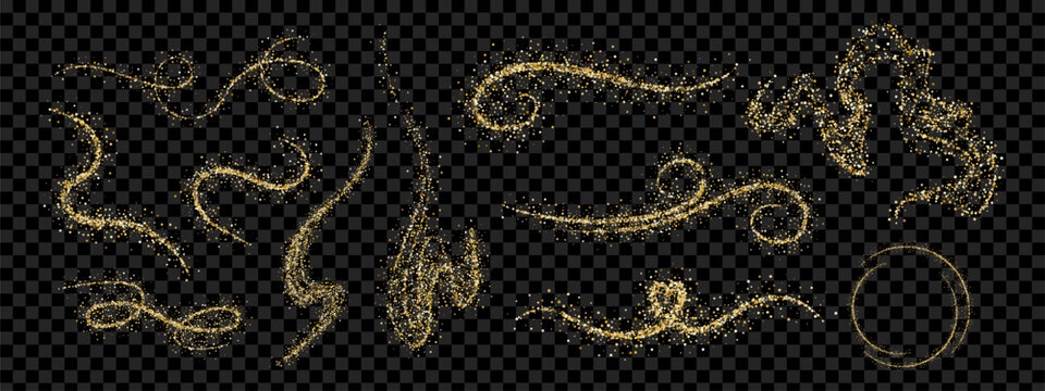 Sparkling gold dust design element set. Decorative glitter trails for elegant designs and celebrations.