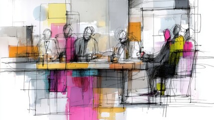 Abstract Colorful Meeting Illustration with Creative Shapes and Lines