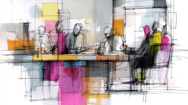 Abstract Colorful Meeting Illustration with Creative Shapes and Lines