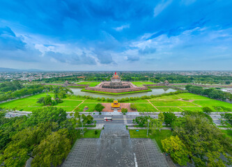 Aerial view of Hue Citadel and view of Hue city, Vietnam. Imperial Royal Palace of Nguyen dynasty.