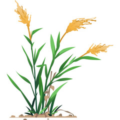 Obraz premium Pixel Art Reed Plant with Yellow Plumes and Green Leaves on White Background