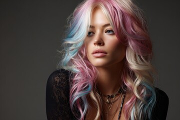 Naklejka premium Young blonde woman with stylish pink and blue highlighted wavy hair. Ideal for beauty concepts, hair dye ads, or creative fashion designs.