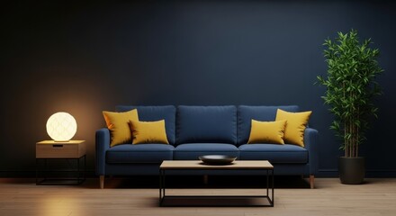 Modern living room with a plush deep blue sofa and vibrant yellow pillows, set against a dark blue wall. 