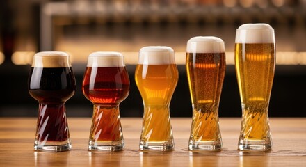 Five distinct beer glasses arranged on a polished wooden table, displaying a gradient from deep brown to golden amber