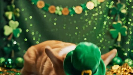A cute corgi dog wears a green leprechaun hat for St. Patrick's Day. A funny pet celebrates the holiday with shamrocks and gold coins