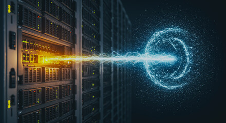A conceptual image of a server transferring data, the image captures the essence of modern data storage and processing, highlighting the technological marvel of data centers.