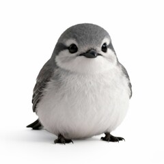 Fototapeta premium Adorable fluffy baby songbird sitting on a clean white background, round shape and soft feathers, closeup view highlighting natural texture and tiny details, minimalistic composition with open space, 