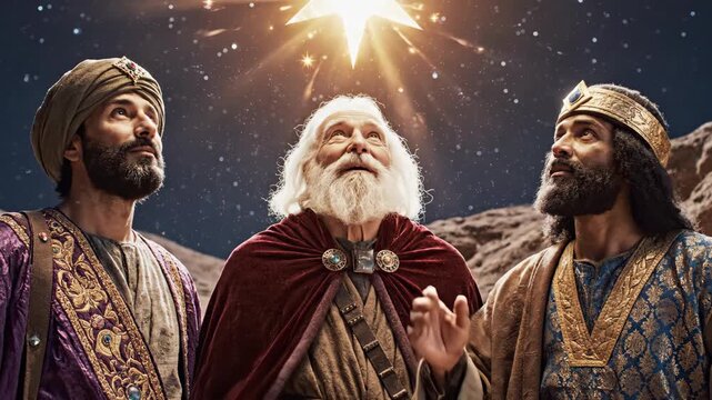 The Three Wise Men gaze in awe at the Star of Bethlehem. Biblical animation of the nativity and epiphany story for Christmas