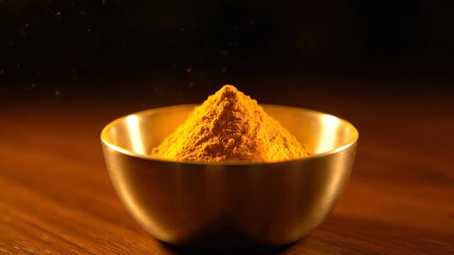 Golden spice turmeric powder cascade into bowl, adding vibrant flavor and warmth. Indian cooking, culinary arts, flavoring food dishes, adding