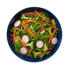 Fresh vegetable salad with carrots broccoli and radishes in blue bowl
