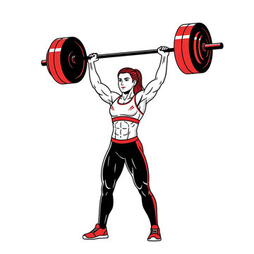 Female weightlifter in sportswear with barbell overhead, performing weightlifting exercise, illustration 96