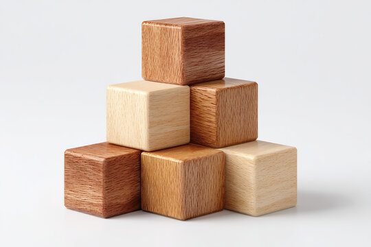 Wooden block pyramid: A stack of six wooden blocks forming a pyramid shape, showcasing natural wood grains and varying tones on a white background.