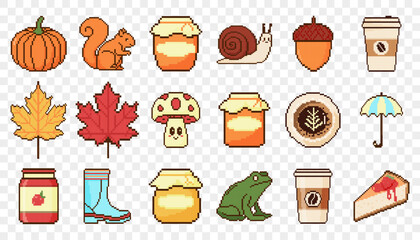 Autumn icon set. Pixel art objects in 8 bit style. Pumpkin, squirrel, jam, mushroom, umbrella