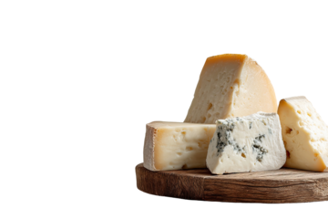 Assorted cheeses on a wooden board