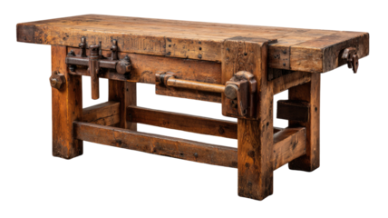 Antique wooden workbench with rustic texture vintage carpentry table showcasing aged craftsmanship and classic woodworking surface isolated on white background