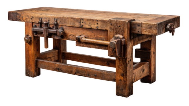 Antique wooden workbench with rustic texture vintage carpentry table showcasing aged craftsmanship and classic woodworking surface isolated on white background