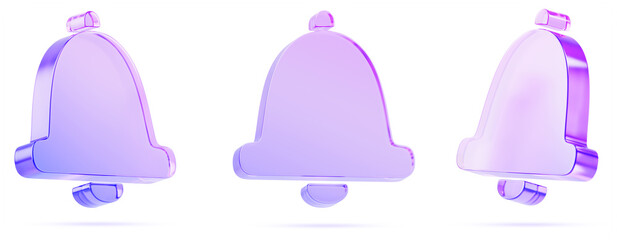 3d set of holographic glass morphism bell icon render. Notification subscription. Notice, alert message on social media. Crystal handbell with purple blue gradient for app or web ui. 3D illustration