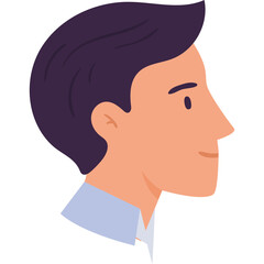 Profile of a Man With Dark Hair and Blue Collar Shirt and Orange Skin Tone Facing Right With A Subtle Smile and Dark Eyes Against A Clean White Background Simple Flat Design Illustration