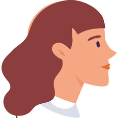 Profile Portrait of a Woman With Wavy Brown Hair and Reddish Skin Tone Wearing A White Shirt With A Light Blue Collar Facing Right Against A Transparent Background