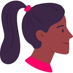 Profile Portrait of a Young Woman with Dark Hair in a Ponytail Wearing a Bright Pink Top Facing Right with a Smile and Transparent Background