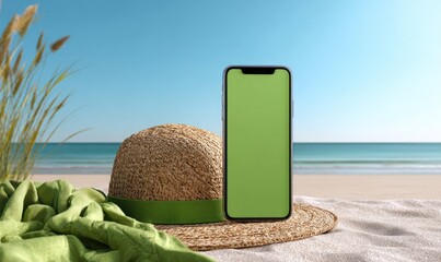 Phone with green screen on beach straw hat, sea and sky background