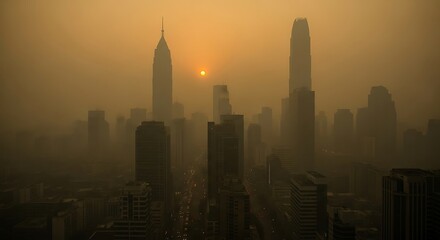 Fototapeta premium Smoky orange sky engulfs a metropolitan city skyline during sunset.
