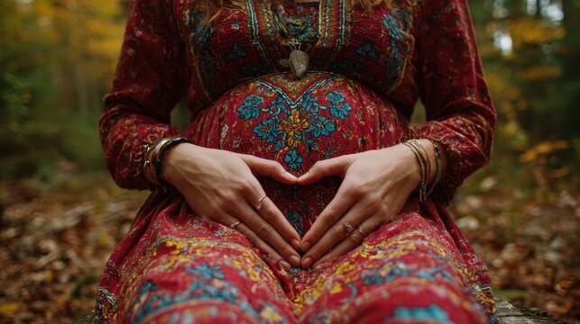 Pregnant woman with her hands forming a heart on her belly. Perfect for pregnancy announcements or mother's day cards.