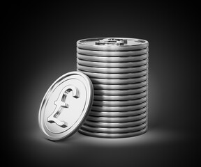3d Stack Of Silver British Pound Coins Shiny Rounded Coins Stack On dark Background 3d Illustration