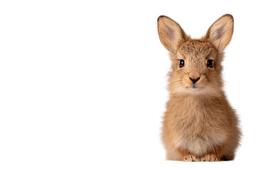 Obraz premium A cute brown rabbit sitting upright with curious expression against a white isolated background.