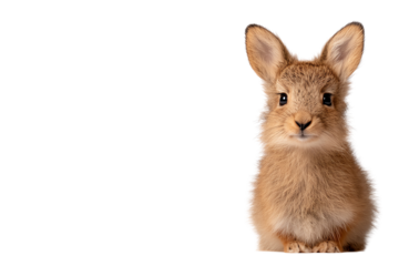 A cute brown rabbit sitting upright with curious expression against a white isolated background.