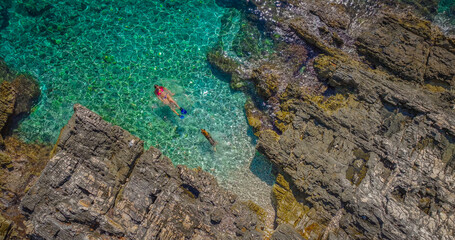 AERIAL TOP DOWN: Lady in bikini and her brown dog swim in sparkling, crystal clear turquoise sea off the rugged rocky coast of the island of Hvar. Young woman on summer holiday with her loyal pet.