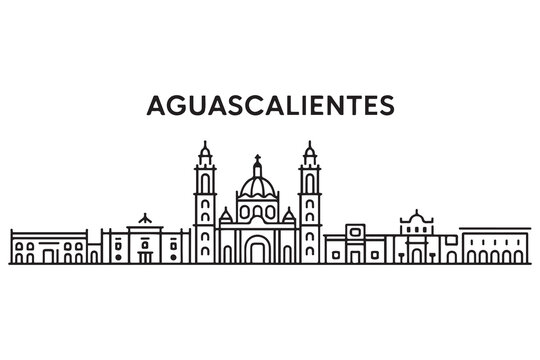 Aguascalientes Line Art skyline horizontal banner. Aguascalientes, Mexico. Vector template for your design. with white background