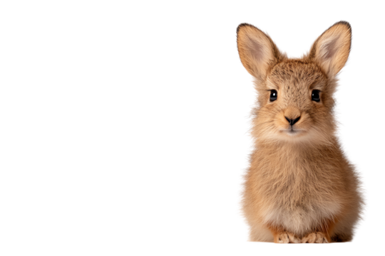 A cute brown rabbit sitting upright with curious expression against a white isolated background.