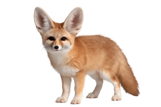 A cute fennec fox with large ears standing in an isolated white background.