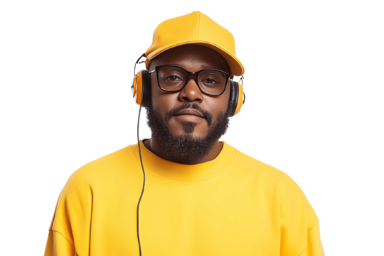 A fashionable person wearing a bright yellow outfit, glasses, and headphones, exuding a cool and relaxed vibe.